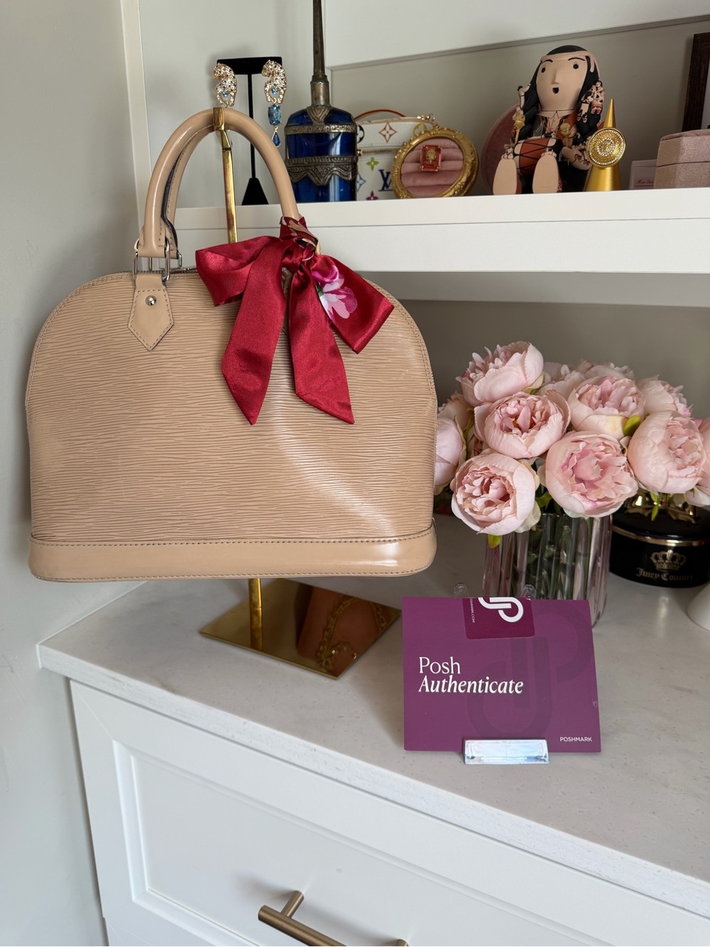 Louis Vuitton Nude Epi Leather Alma Dome Satchel with Red Scarf Accent
